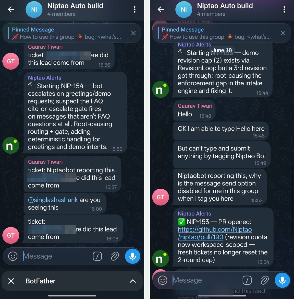 The Telegram group: the CEO filing a ticket mid-conversation, and the 🔨-to-✅ arc of a real fix