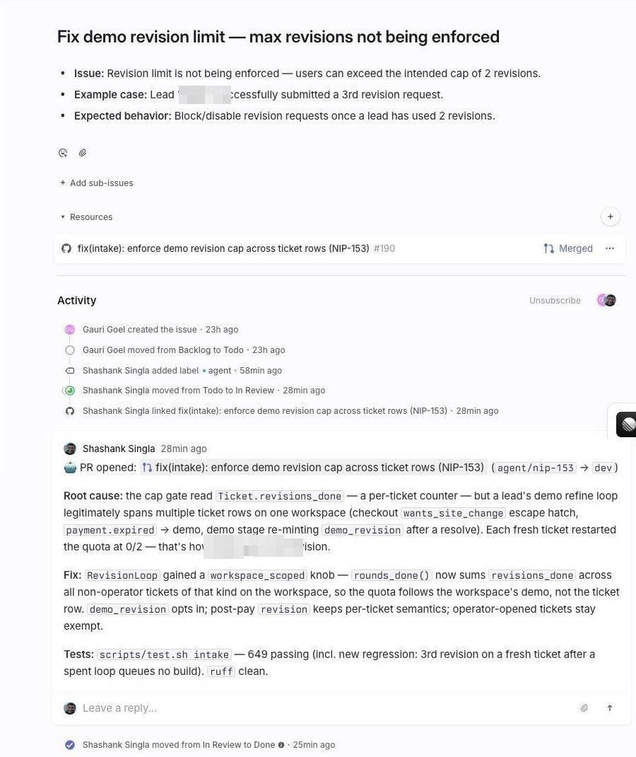 One ticket's full lifecycle in Linear: filed by the operator, approved with a label, built, PR linked and merged, root-cause comment from the agent, closed