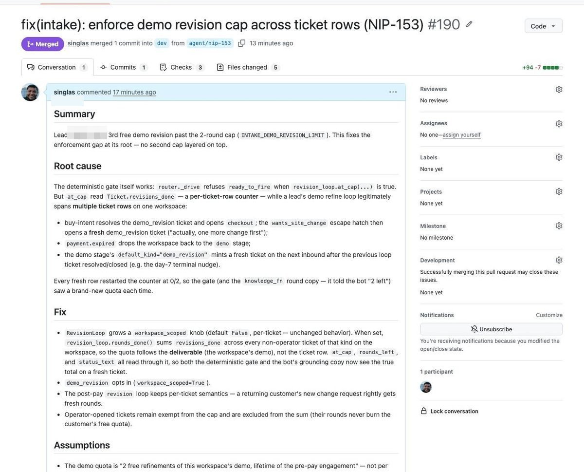 The agent's PR for NIP-153 — root cause, fix, and stated assumptions, reviewed and merged by a human