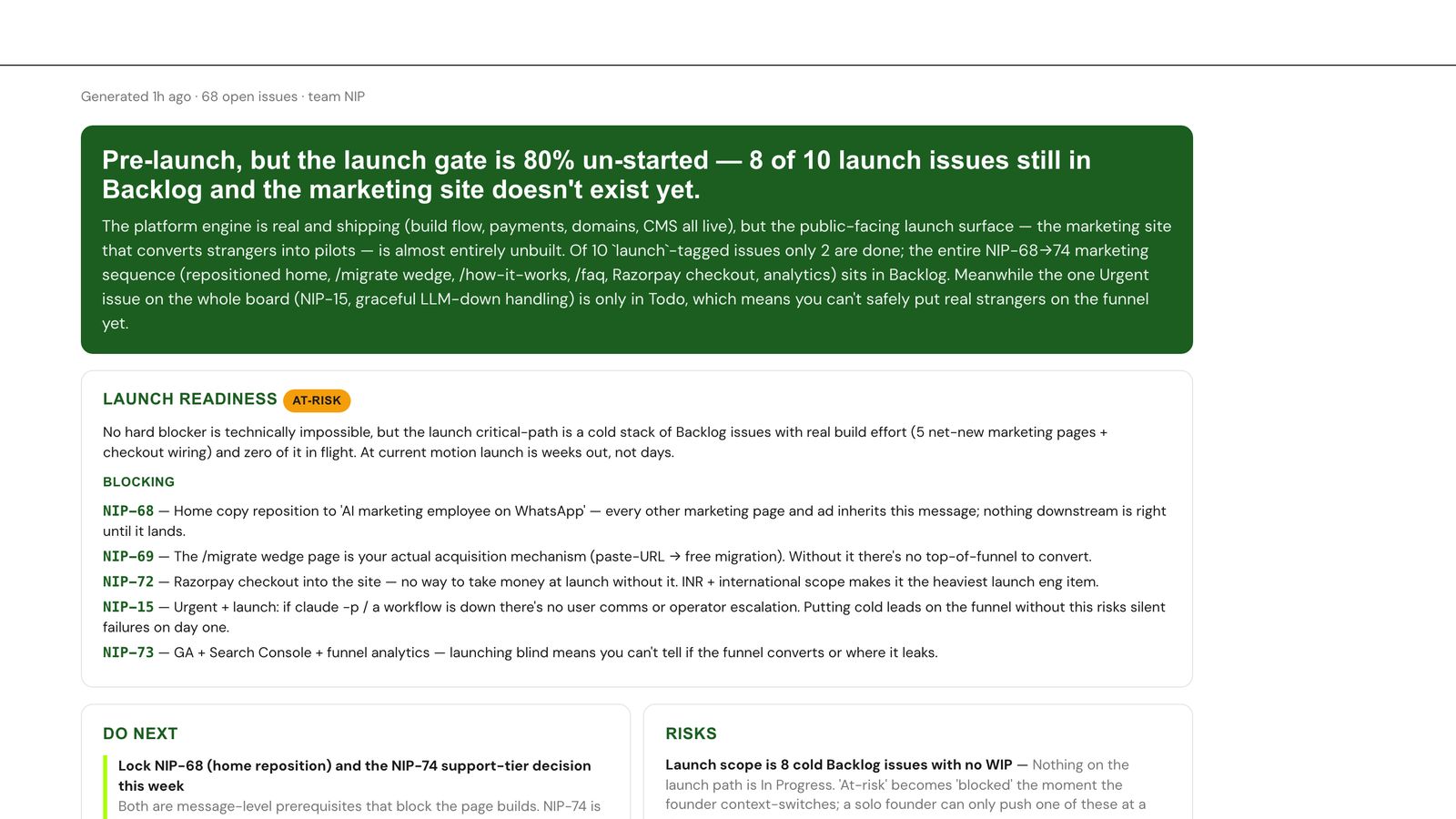 A "where are we" dashboard — LLM-written, served static