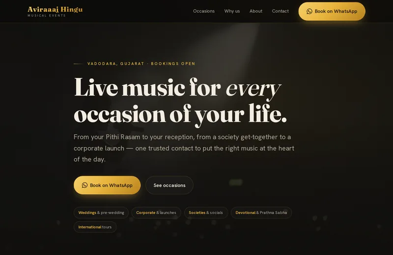 Screenshot of Aviraaaj Hingu musical events — website built by Niptao