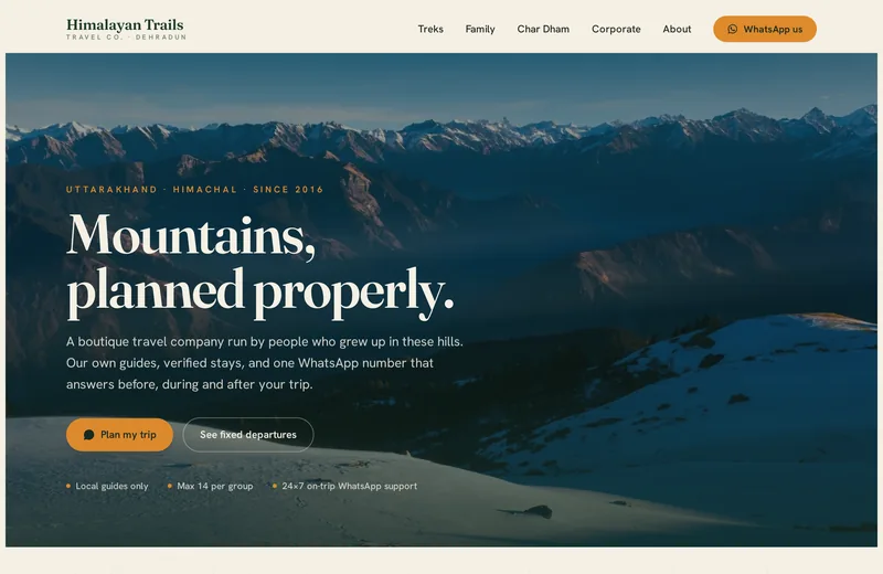 Screenshot of Himalayan Trails Travel Co. — website built by Niptao