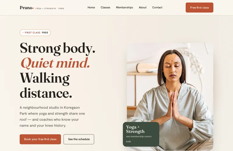 Screenshot of Prana Yoga & Fitness Studio — website built by Niptao