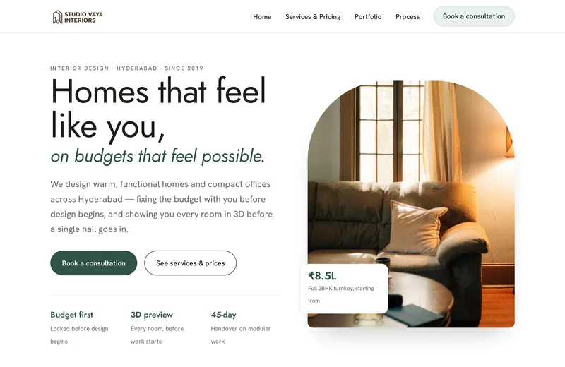 Screenshot of Studio Vaya Interiors — website built by Niptao