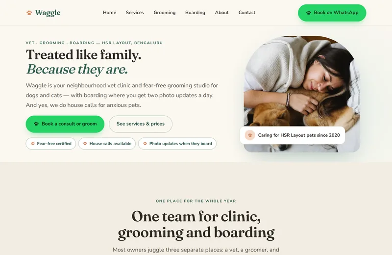 Screenshot of Waggle Pet Clinic & Grooming — website built by Niptao